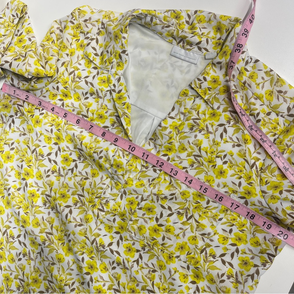 Imperfect yellow floral pocket dress vneck pointed collar lined bright bohemian - Picture 6 of 16